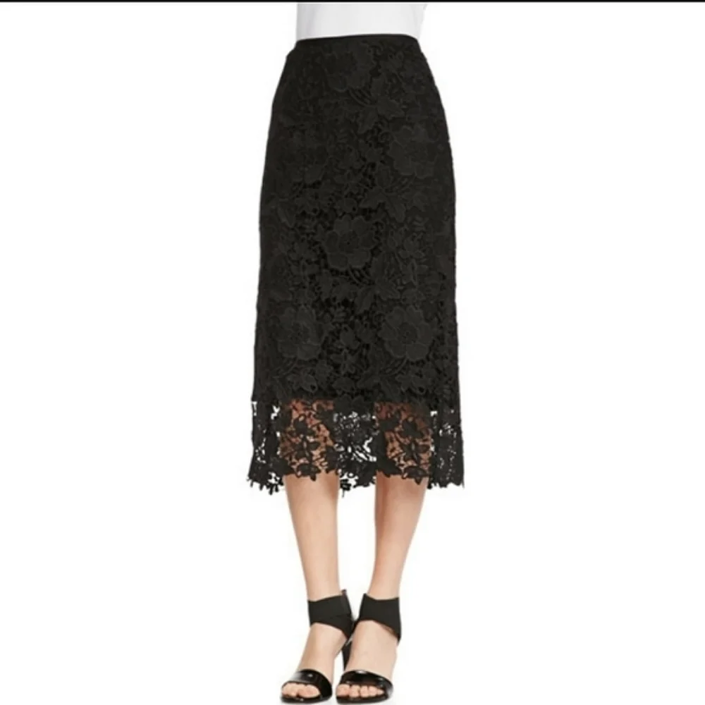 Lafayette 148 New York Over the Knee Black Lace Overlay Pencil Skirt Sz 8